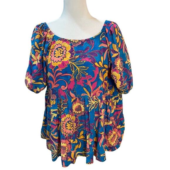 TERRA & SKY FLORAL BABY DOLL TOP WITH BALLOON SLEEVES.  SIZE 1X (16-18) - Picture 1 of 3